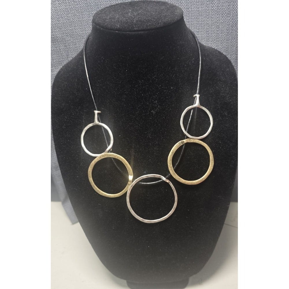 Two-Tone Round Link Chain Necklace with Round Charm Pendant, Lobster Clasp